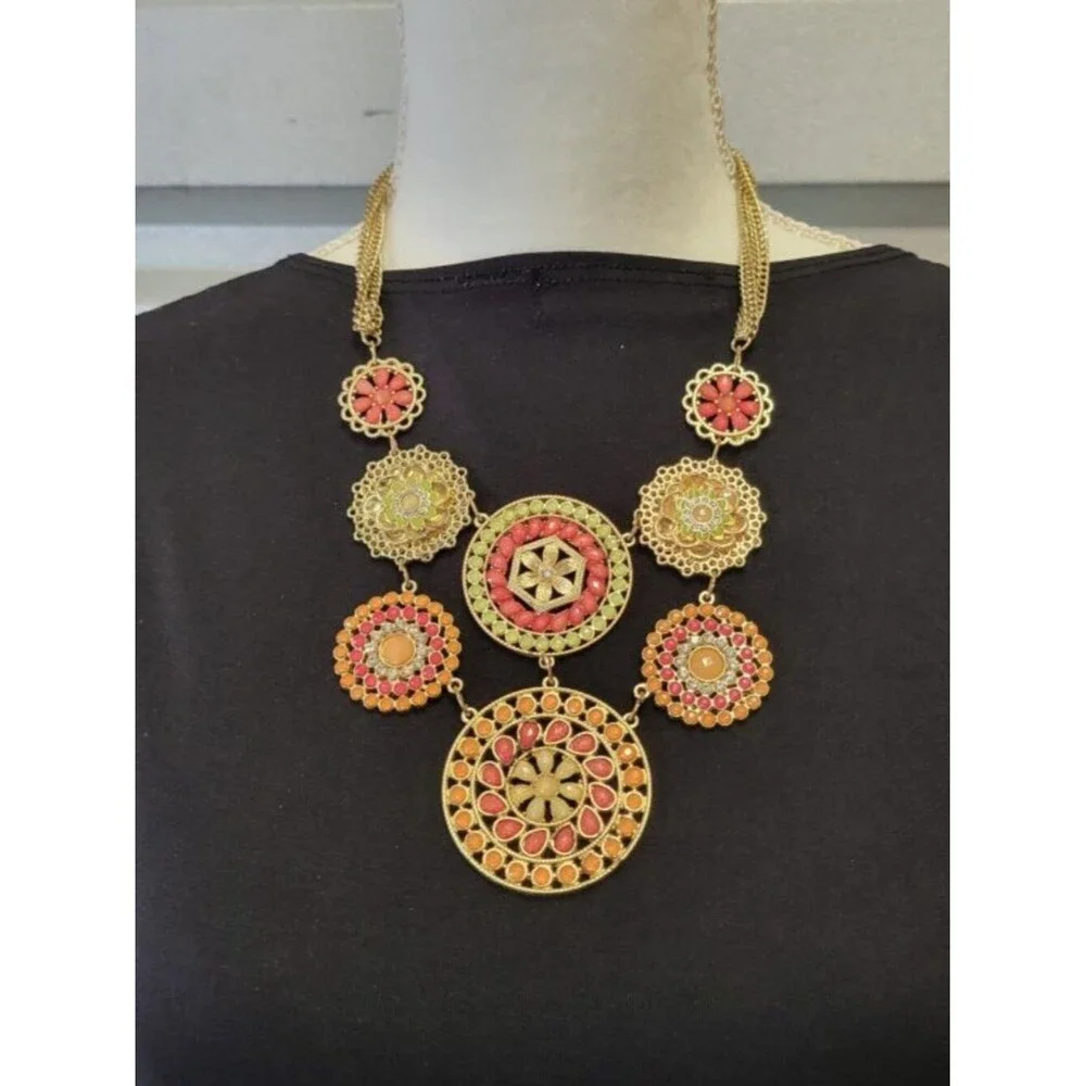 Vintage Mexican Bib Cascade Beaded Pendant Chain Necklace Orange Gold Green Red